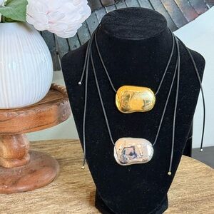 2 Gold & Silver Pebble Pendant Necklaces on Black Cord - Women Jewelry
